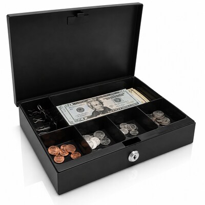 CARL Low Profile Steel Security Cash Box with Removable Cash Tray and Key Lock, Black (CB-6212)
