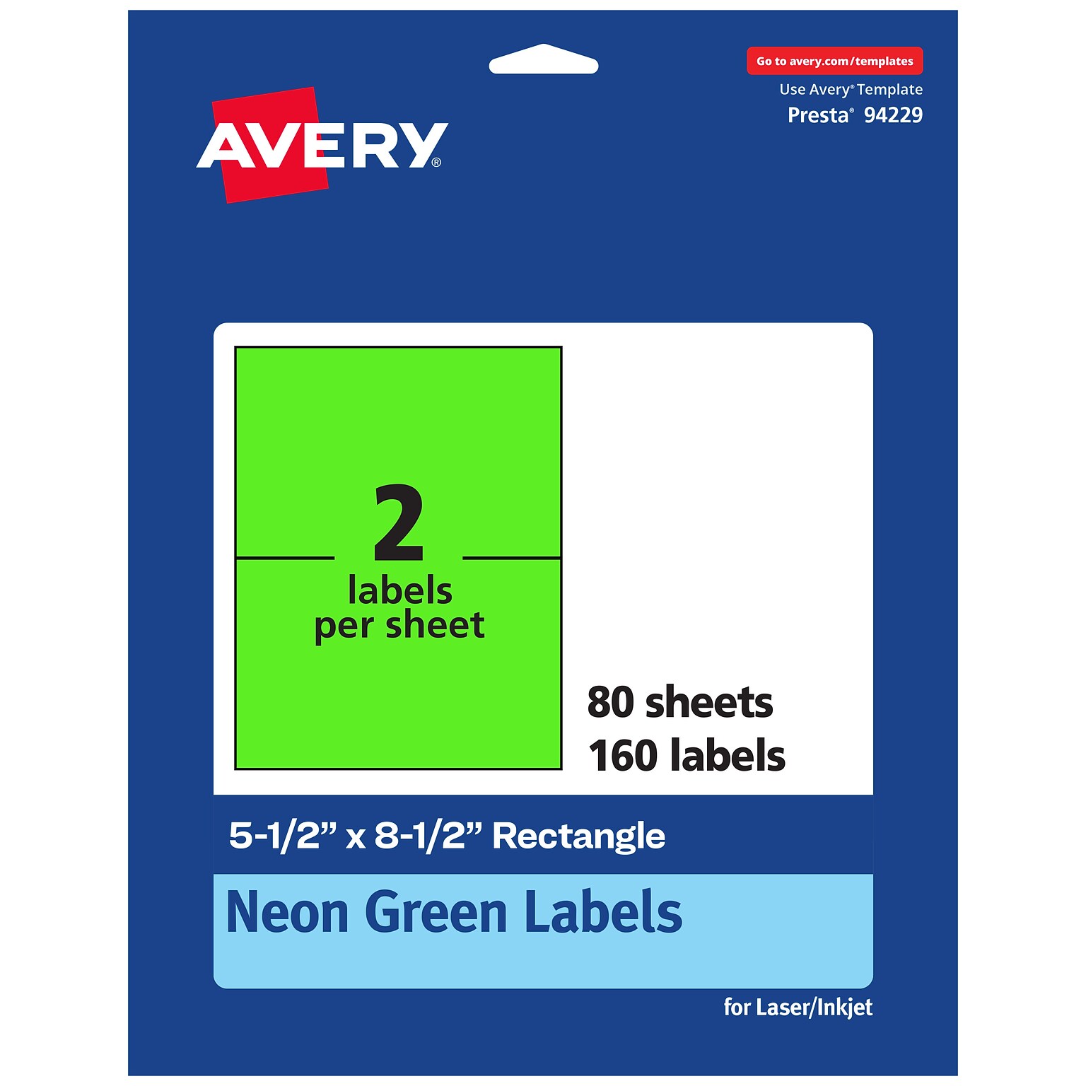 Avery Laser/Inkjet Multipurpose Rectangle Labels, 5.5 x 8.5, Neon Green, 160/Box (94229)