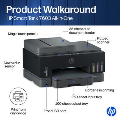HP Smart Tank 7603 Wireless All-in-One Supertank Printer, Up to 3 Years of Ink Included (D34F7A)