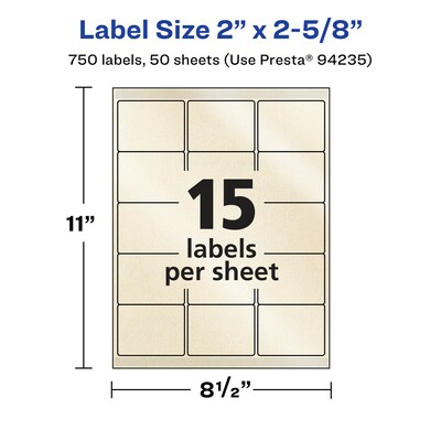 Avery Pearlized Ivory Rectangle Multipurpose Labels, 2" x 2-5/8", Ivory, 750/Box (94235)