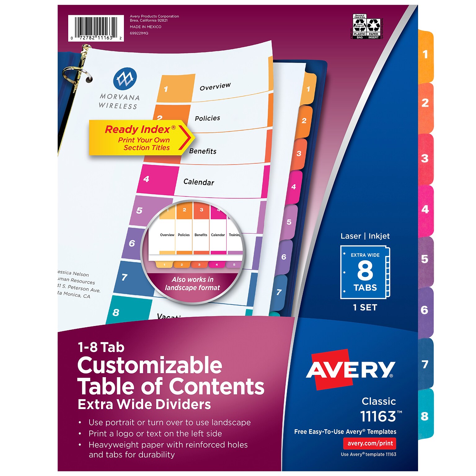 Avery Ready Index Table of Contents Extra-Wide Paper Dividers, 1-8 Tab, Multicolor (11163)