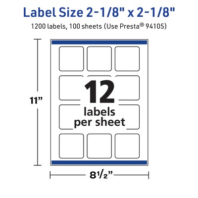 Avery TrueBlock Square Multipurpose Labels, 2-1/8" x 2-1/8", White, 1200/Box (94105)