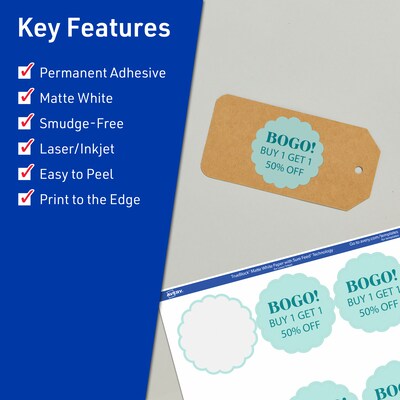Avery TrueBlock Laser/Inkjet Decorative Edge Multipurpose Labels, 2.5 Dia., White, 900/Box (94516)