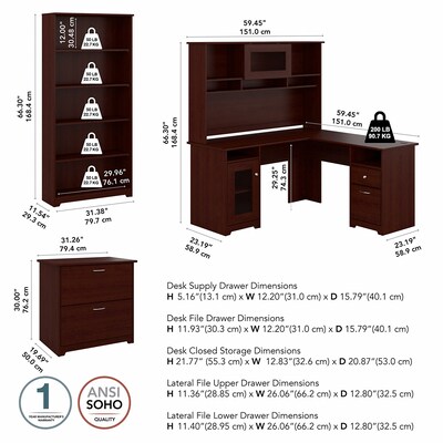 Bush Furniture Cabot 60"W L Shaped Computer Desk with Hutch, File Cabinet and Bookcase, Harvest Cherry (CAB010HVC)