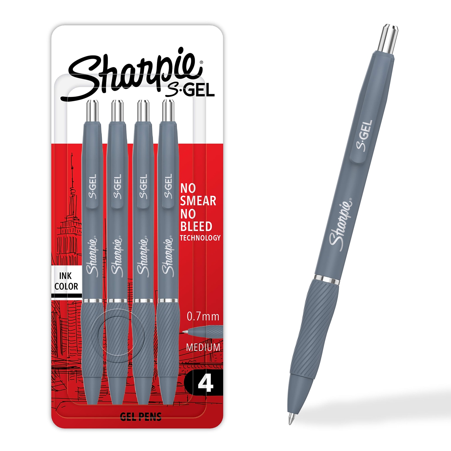 Sharpie S-Gel Retractable Pens, Medium Point, 0.7mm, Black Ink, 4/Pack (2245277)