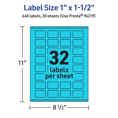 Avery Laser/Inkjet Multipurpose Rectangle Labels, 1" x 1.5", Bright Blue, 640/Pack (94219)