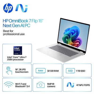 HP OmniBook 7 Flip 16 2K 2-in-1, Copilot+ PC, Intel Core Ultra 7, 32GB RAM, 1TB SSD, +23 hours battery, Windows 11 Home