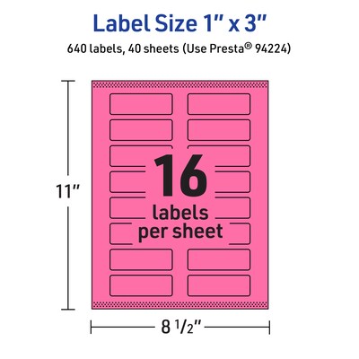 Avery Laser/Inkjet Rectangle Multipurpose Labels, 1" x 3", Bright Pink, 640/Pack (94224)