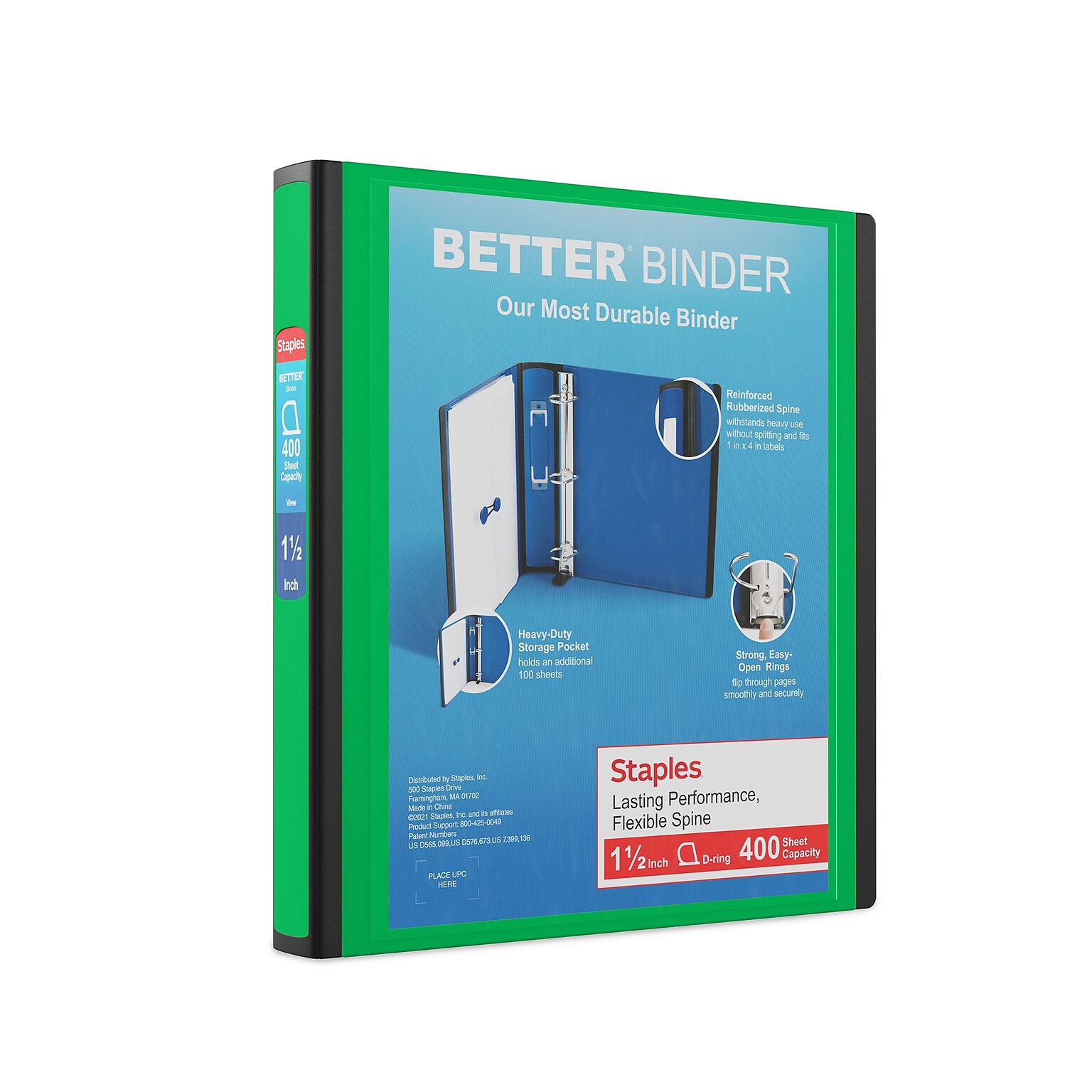 Staples 1 1/2 3-Ring Better Binder, D-Ring, Green (19059)