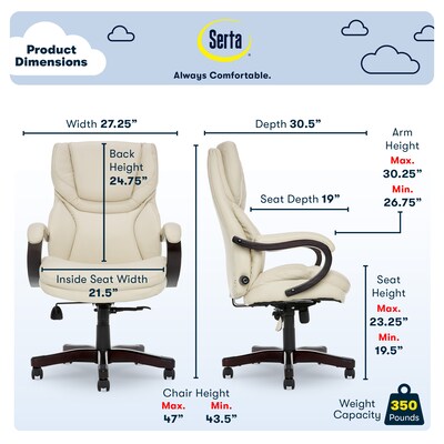 Serta Big and Tall Ergonomic Bonded Leather Swivel Executive Chair, Ivory (43506B)