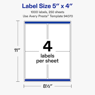 Avery Rectangle Laser/Inkjet Multipurpose Labels, White, 4 Labels/Sheet, 250 Sheets/Pack (19479311266)