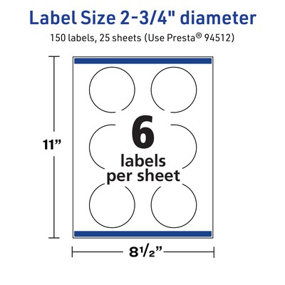 Avery TrueBlock Laser/Inkjet Circle Multipurpose Labels, 2.75" Dia., White, 150/Pack (94512)