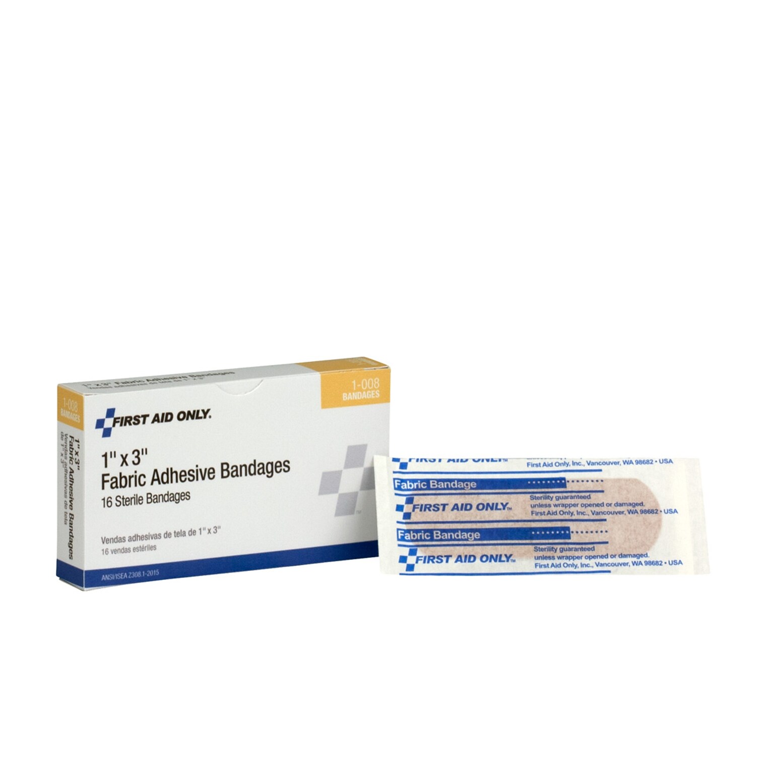 First Aid Only 1 x 3 Fabric Adhesive Bandages, 16/Box (1-008)
