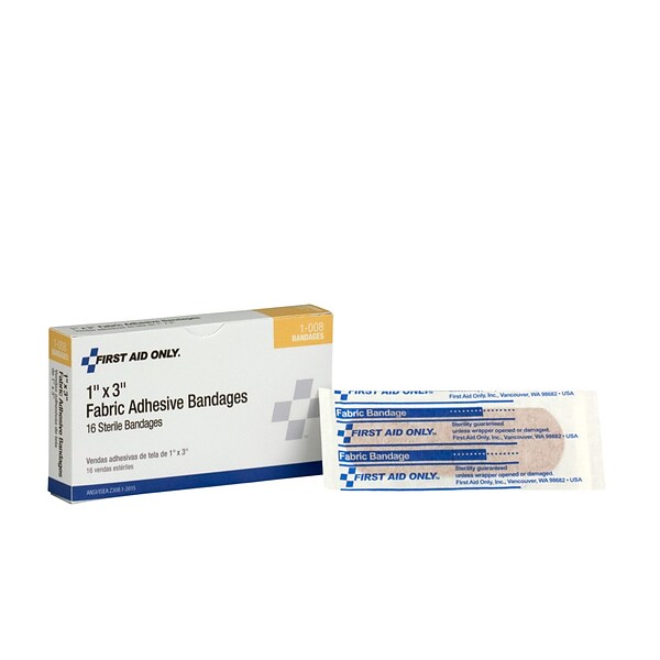 First Aid Only Fabric Adhesive Bandages, 1 x 3, 16 Per Box, White, Fabric