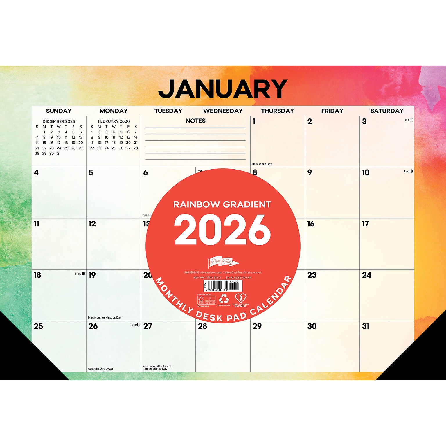 2026 Willow Creek Rainbow Gradient 17 x 12 Monthly Desk Pad Calendar (57155)