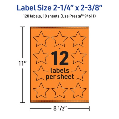 Avery Laser/Inkjet Multipurpose Burst Labels, 2-1/4" x 2-3/8", Bright Orange, 120/Pack (94611)