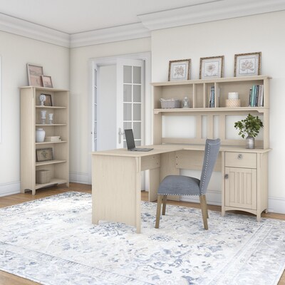 Bush Furniture Salinas 60"W L Shaped Desk with Hutch and 5 Shelf Bookcase, Antique White (SAL006AW)