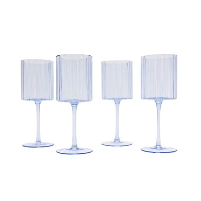 Scalloped Rim Fluted Wine Glass, Set of 4, 12oz, Blue