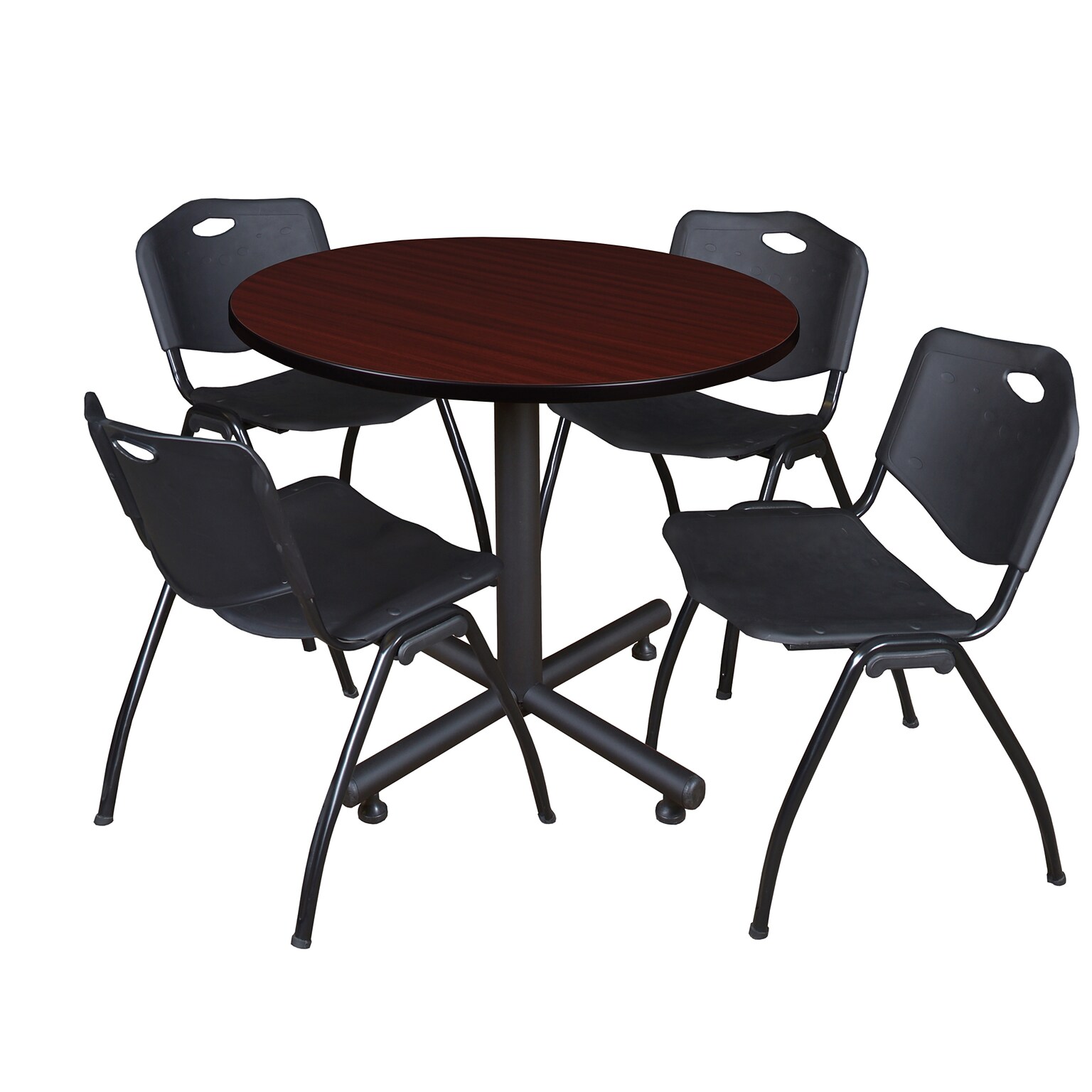 Regency 42 Round Laminate Mahogany Training Rooms Table With 4 M Stacker Chairs, Black (TKB42RNDMH47BK)