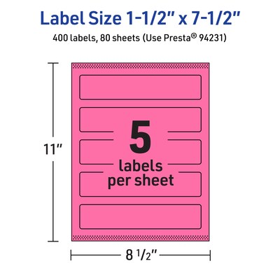 Avery Laser/Inkjet Rectangle Multipurpose Labels, 1.5" x 7.5", Bright Pink, 400/Box (94231)