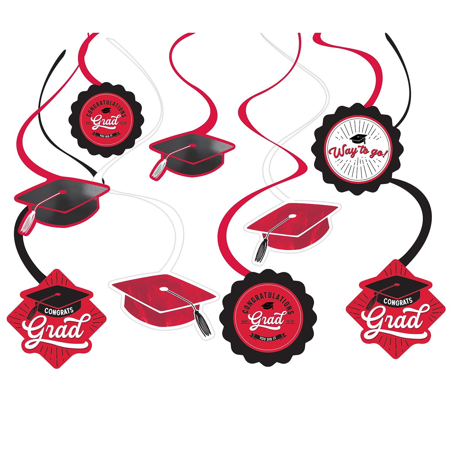 Party City School Spirit Decorative Foil Whirls, Red/Black/White, 12/Pack (AM671675-40)