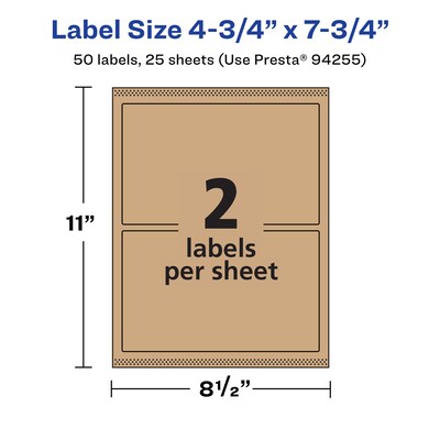 Avery Laser/Inkjet Rectangle Multipurpose Labels, 4.75" x 7.75", Kraft Brown, 50 Labels/Pack ( 94255)