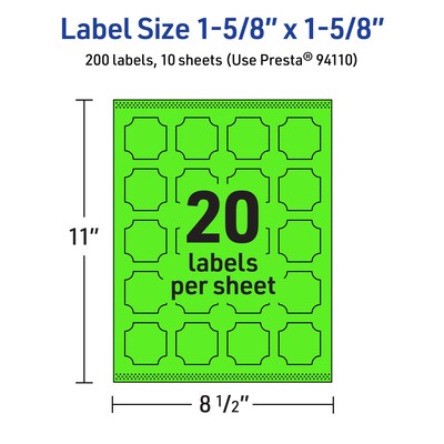 Avery Decorative Edge Multipurpose Labels, 1-5/8" x 1-5/8", Neon Green, 200/Pack (94110)