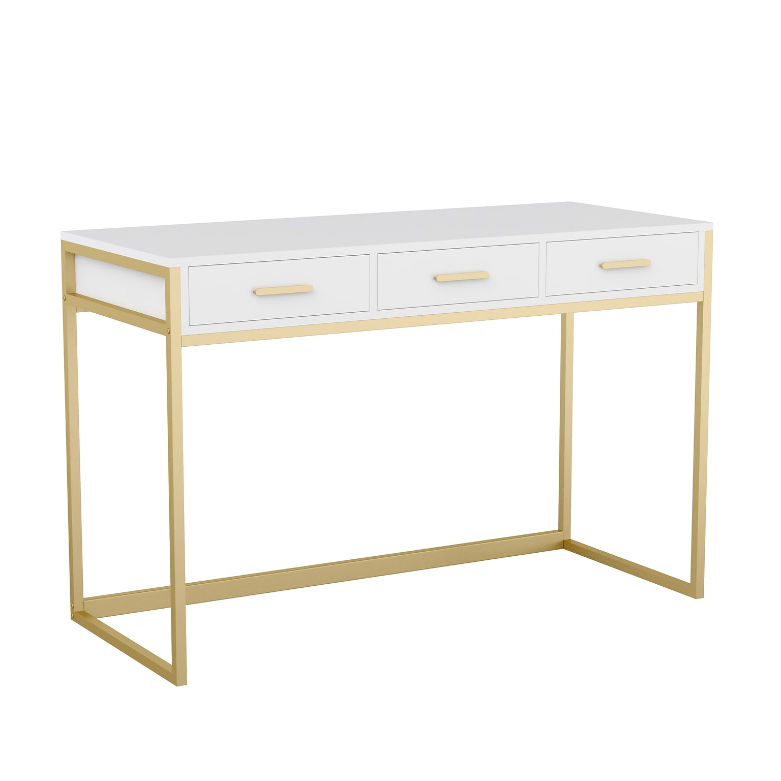 Martha Stewart Ollie 47W Engineered Wood Rectangular Home Office Desk with 3 Drawers, White/Polished Brass (ZGZP028WHGLD)