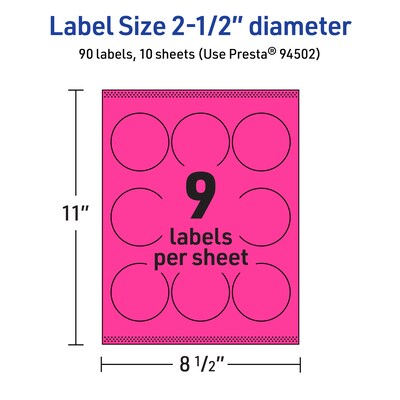 Avery Laser/Inkjet Round Multipurpose Labels, 2.5" Dia., Neon Magenta, 90/Pack (94502)