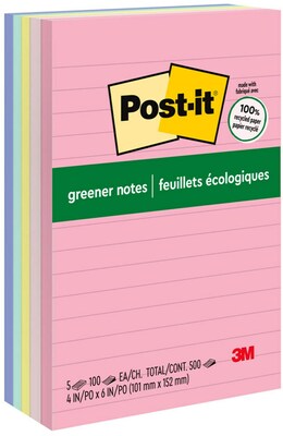 Post-it Greener Notes, 4" x 6", Sweet Sprinkles Collection, Lined, 100 Sheets/Pad, 5 Pads/Pack (6605PKRPA)
