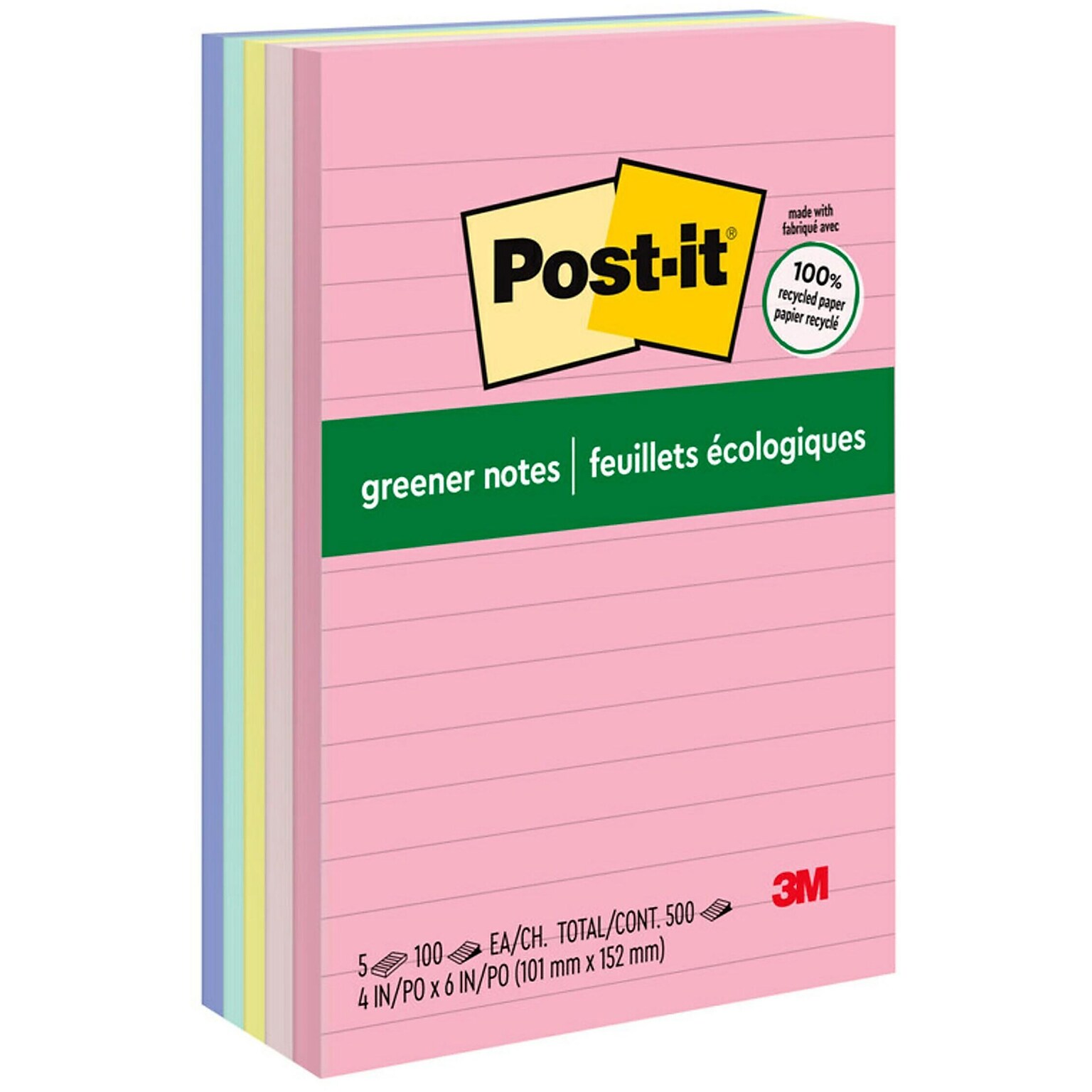 Post-it Greener Notes, 4 x 6, Sweet Sprinkles Collection, Lined, 100 Sheets/Pad, 5 Pads/Pack (6605PKRPA)