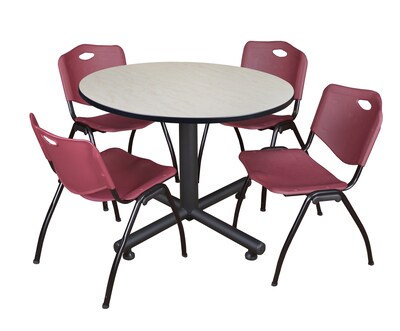 Regency Seating Kobe 48 Round Breakroom Table- Maple & 4 M Stack Chairs- Burgundy (TKB48RNDPL47BY)