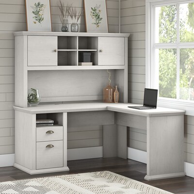 Bush Furniture Yorktown 60"W L Shaped Desk with Hutch, Linen White Oak (YRK001LW)