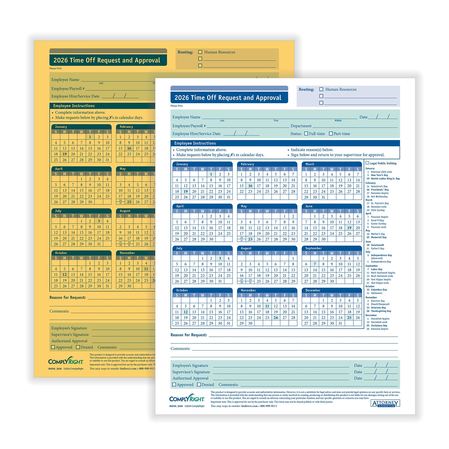 ComplyRight 2026 Time Off Request and Approval Form, 2-Part, 50 Forms/Pack (A0030)