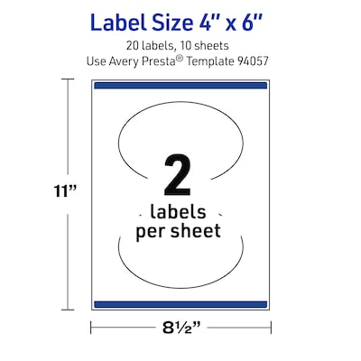 Avery Oval Laser Multipurpose Labels, 4" x 6", White, 20/Pack (19479399192)
