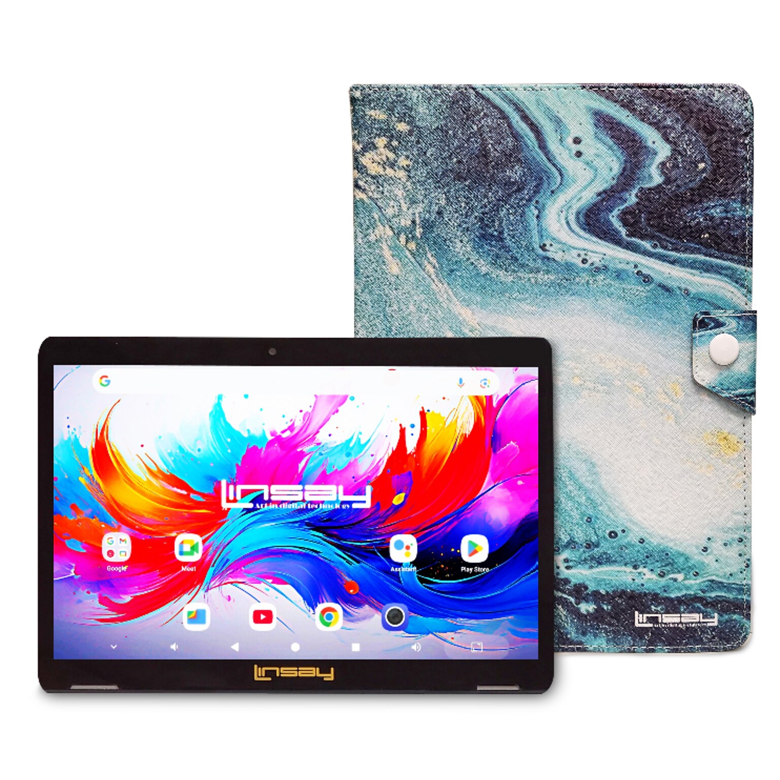 LINSAY F10 Series 10.1 Tablet, Wi-Fi, Octa Core, 256GB eMMC, Android 15, Ocean Marble Case (F10IPGCMOCPLUS)
