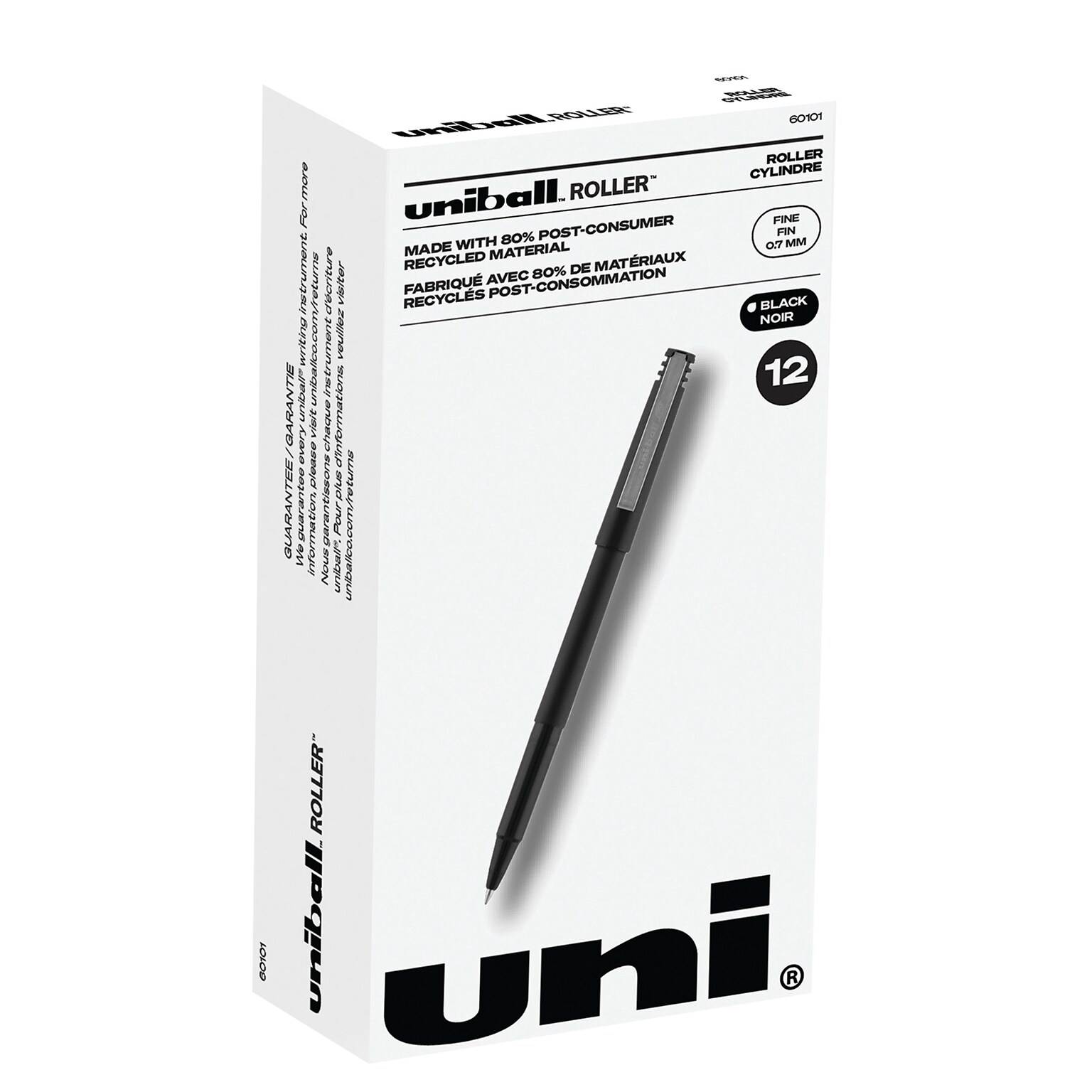 uniball Roller Rollerball Pens, Fine Point, 0.7mm, Black Ink, 12/Pack (60101)