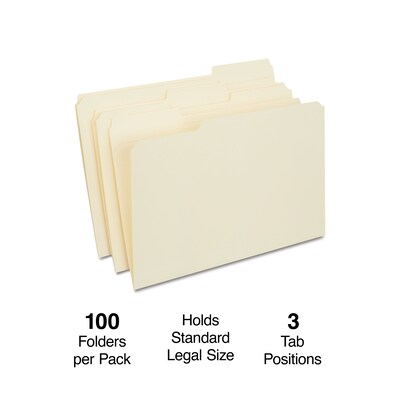 Quill Brand® 2-Ply File Folders, Assorted Tabs, 1/3-Cut, Legal Size, Manila, 100/Box (770137)