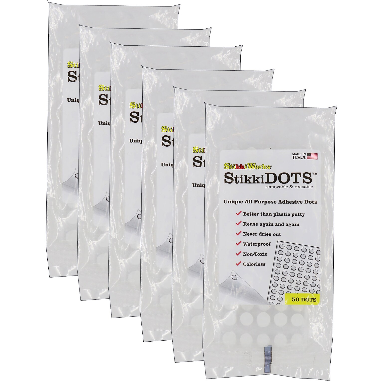 StikkiWorks StikkiWax Removable Glue Dots, 50 Dots/Pack, 6/Pack (STK02050)