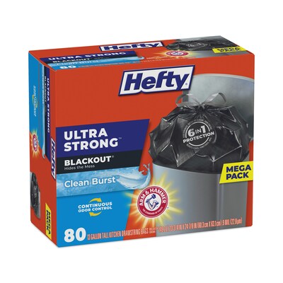 Hefty® Ultra Strong BlackOut Tall-Kitchen Drawstring Bags, 13 gal, 0.9 mil, 23.75" x 24.88", Black, 80 Bags/Box, 3 Boxes/Carton