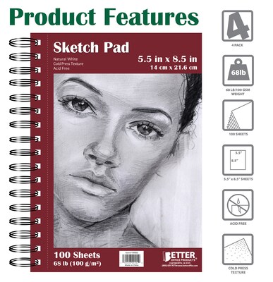 Better Office Products Artist Sketch Pads, Side-Spiral Bound , 5.5" x 8.5", Premium Paper, 100 Sheets Per Pad (01305-4PK)