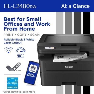Brother RHL-L2480DW Refurbished Wireless, Black & White, All-In-One Laser Printer, Refresh Subscription Ready