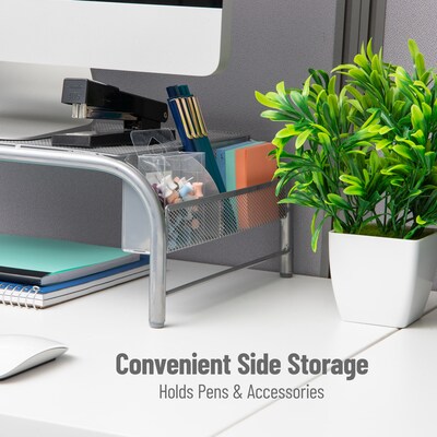 Mind Reader Network Collection Metal Mesh Monitor Stand with 2 Storage Compartments, Silver (MESHM-SIL)