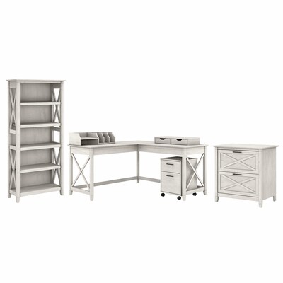 Bush Furniture Key West 60 L-Shaped Desk with File Cabinets, Bookcase and Desktop Organizers, Linen White Oak (KWS018LW)