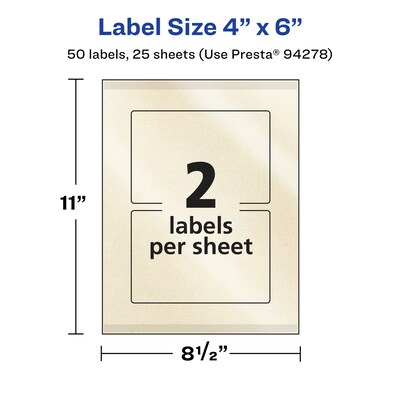 Avery Pearlized Ivory Rectangle Multipurpose Labels, 4" x 6", Ivory, 50/Pack (94278)