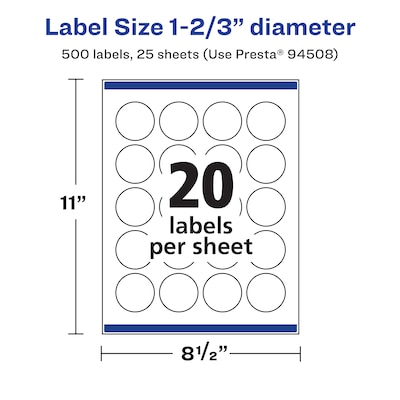 Avery Laser/Inkjet Circle  Waterproof Multipurpose Labels, 1.6667"  Dia, White, 500/Pack (94508)