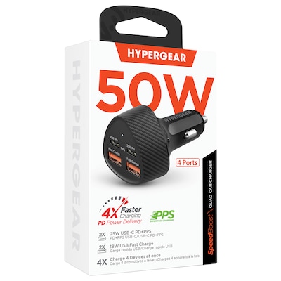 HyperGear SpeedBoost Quad PD Car Charger, 50W, Black (15785)