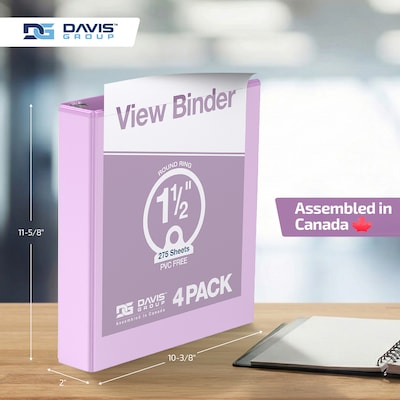 Davis Group Standard View 1.5" 3-Ring Binders, Assorted Pastel Colors, 4/Pack (7412-88-04)