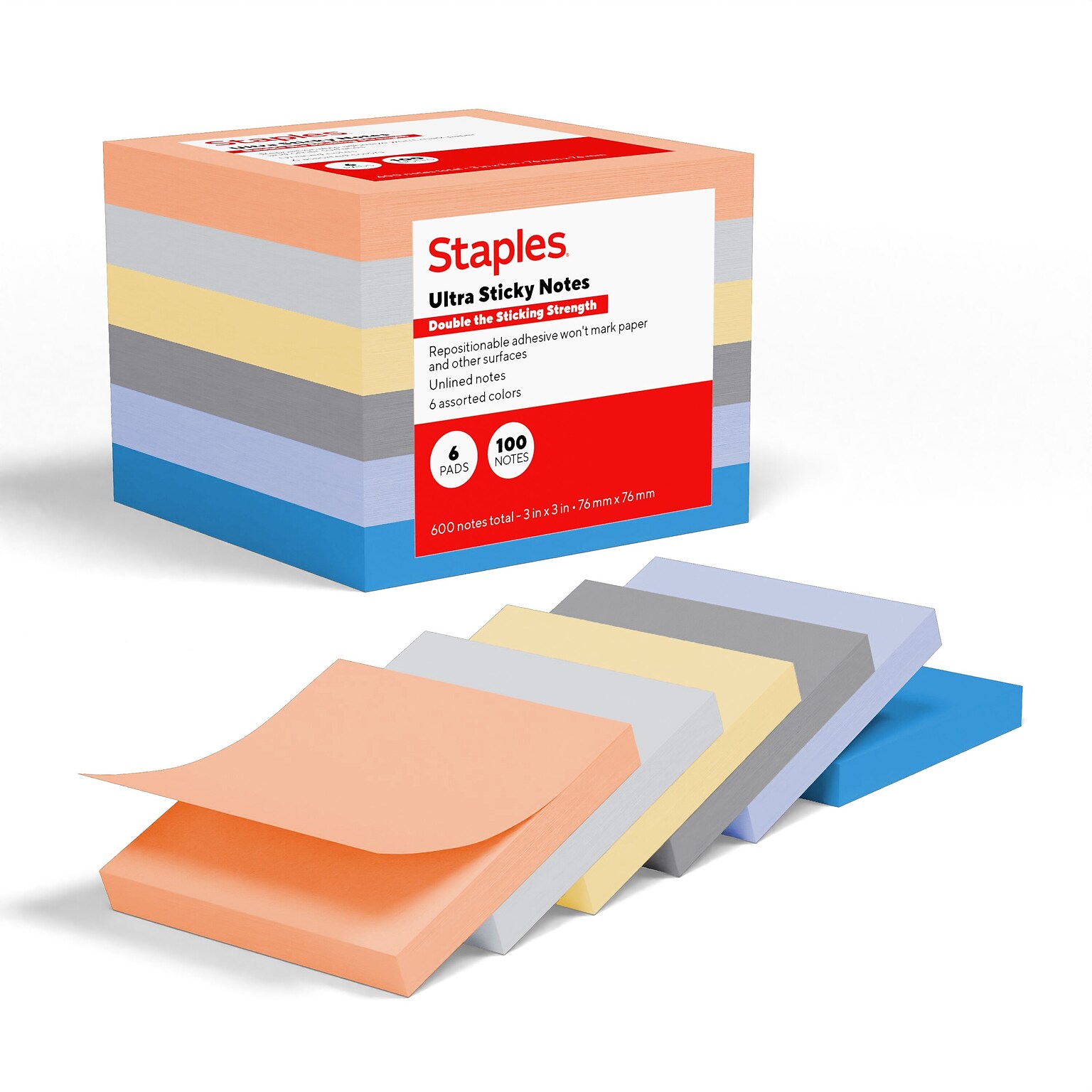 Staples Ultra Sticky Notes, 3 x 3, Stardust Collection, 100 Sheets/Pad, 6 Pads/Pack (ST62883)
