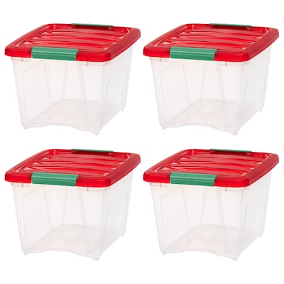 Iris Holiday Small Stackable Plastic Storage Box, 9.5 x 12 x 15, 19 Qt., Clear/Red, 4/Pack (50053